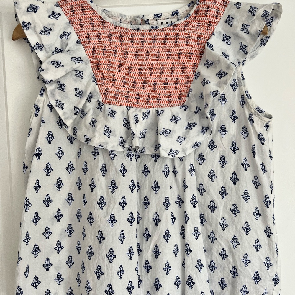 THML  Blue & White with Orange Embroidery Top